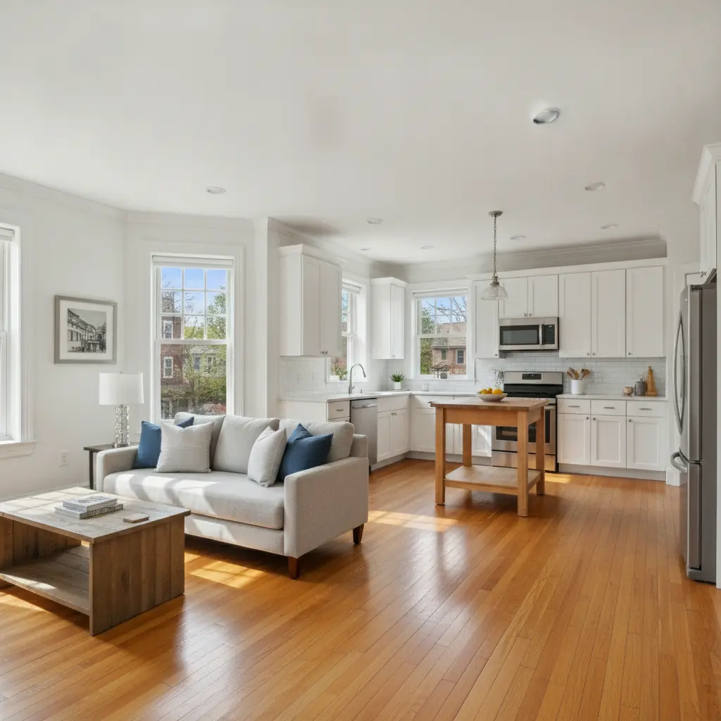 Bright, freshly cleaned living room and kitchen in a Boston apartment